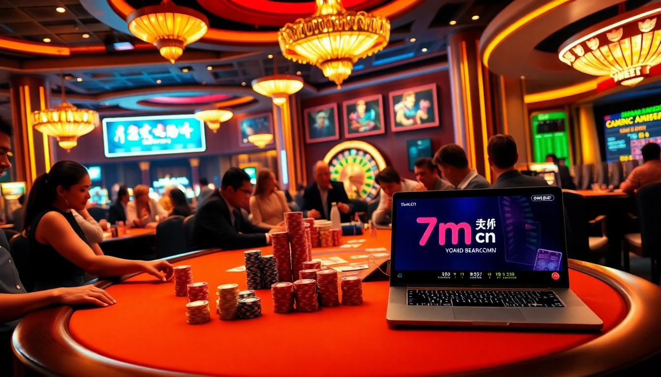 Gambling at a vibrant poker table with 7m cn logo, colorful chips, and an engaging atmosphere.