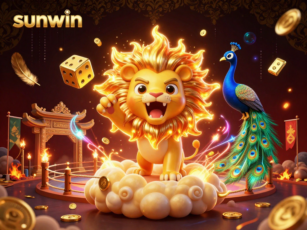 Experience thrilling action with sunwin as the sun lion triumphs over golden dice in a vibrant casino scene.