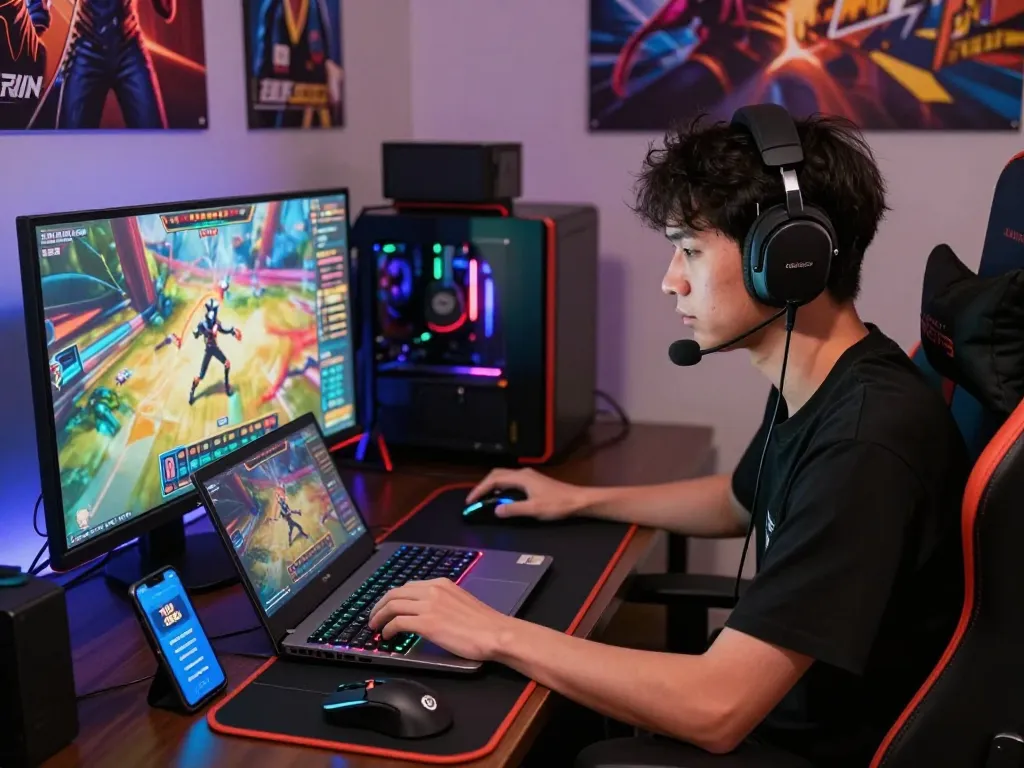 Engaged player enjoying an intense session of 789 club on a modern gaming setup with vibrant displays.
