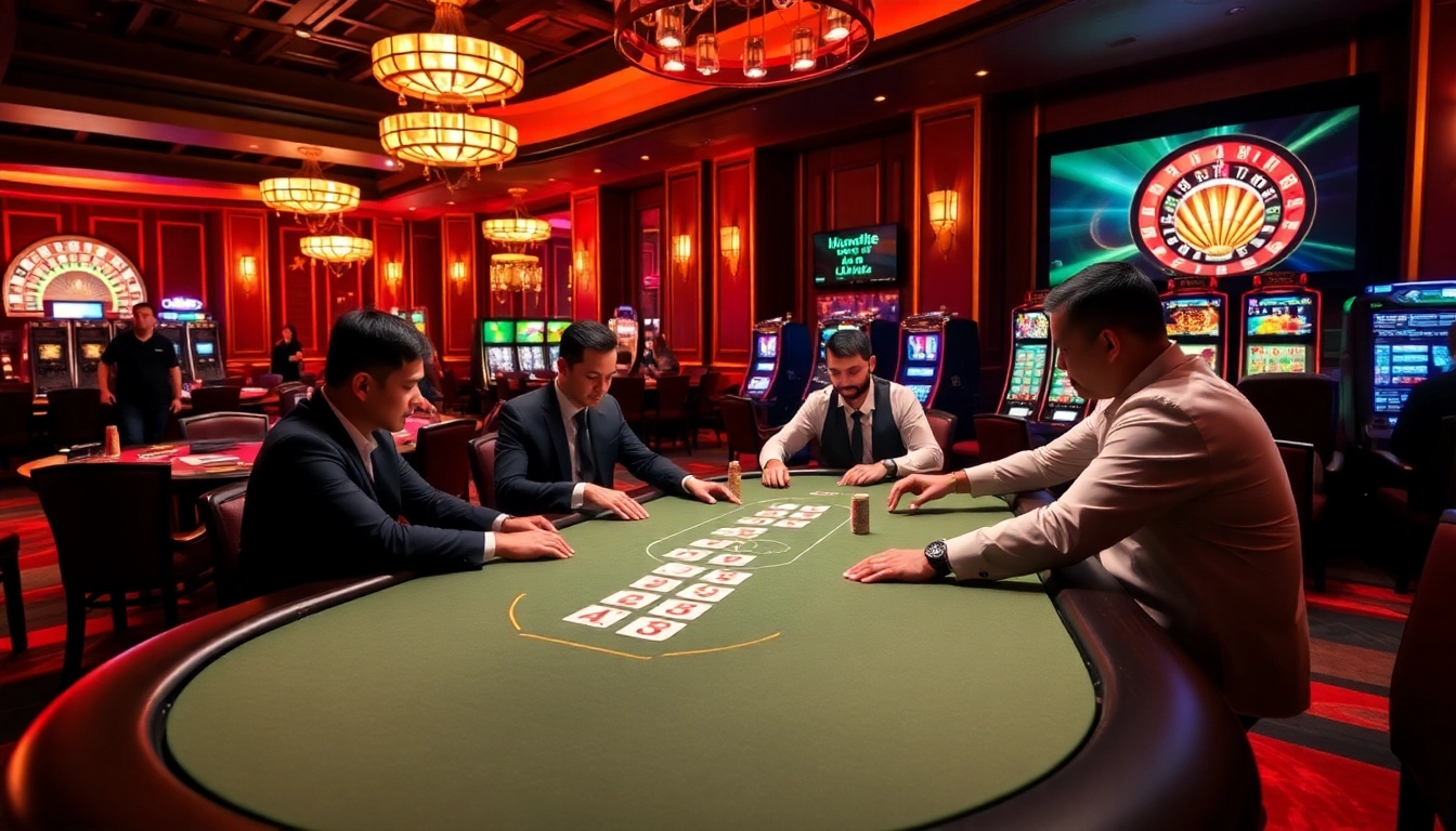 Experience the thrill of online gaming at ax88.com with a vibrant casino scene showcasing poker and roulette.