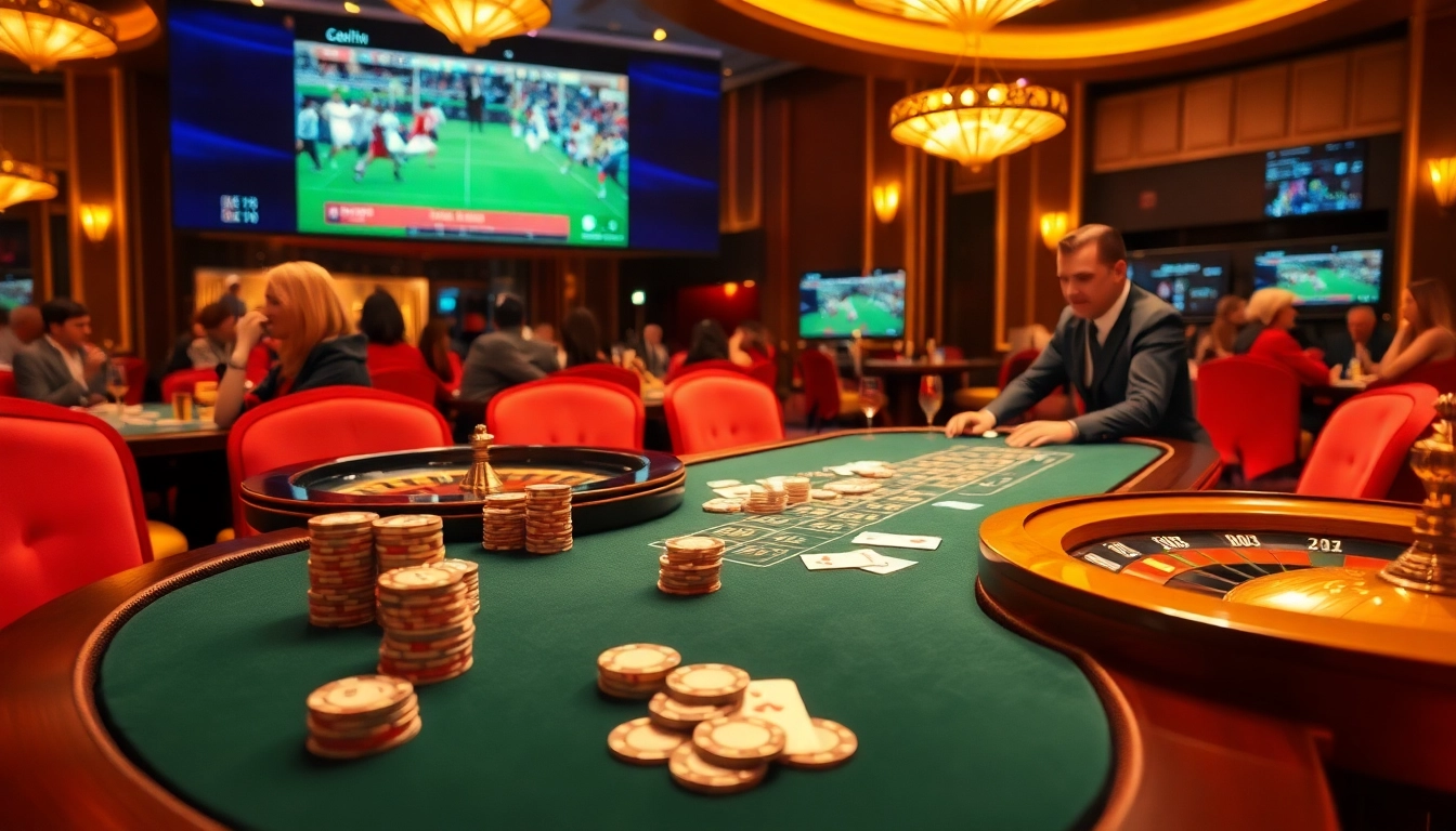CakhiaTV betting enthusiasts enjoying a vibrant casino atmosphere with poker chips and live sports streaming.