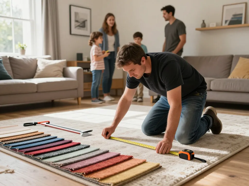 Carpet fitting services West London with a professional installing new carpet in a cozy living room.