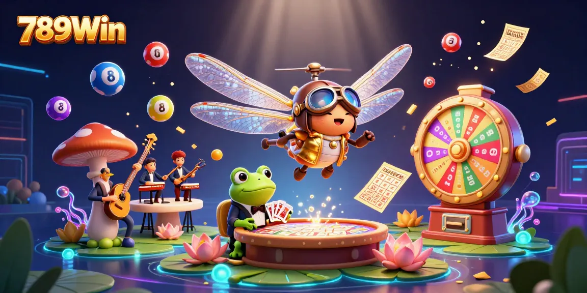 Experience the vibrant energy of 789Win with a dynamic casino scene featuring a dragonfly pilot and frog dealer.