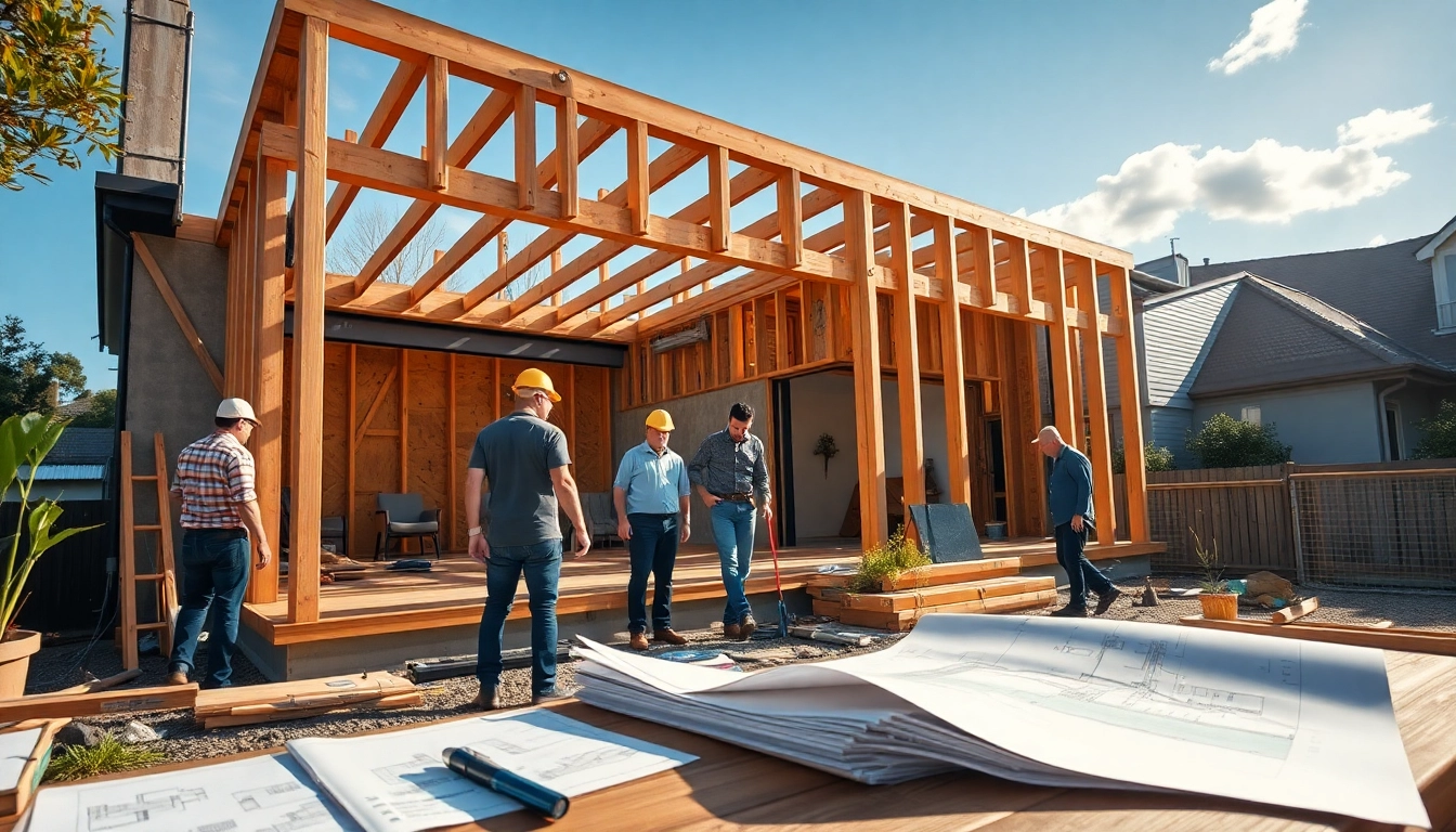House extension construction site in Melbourne, showcasing workers and modern materials.
