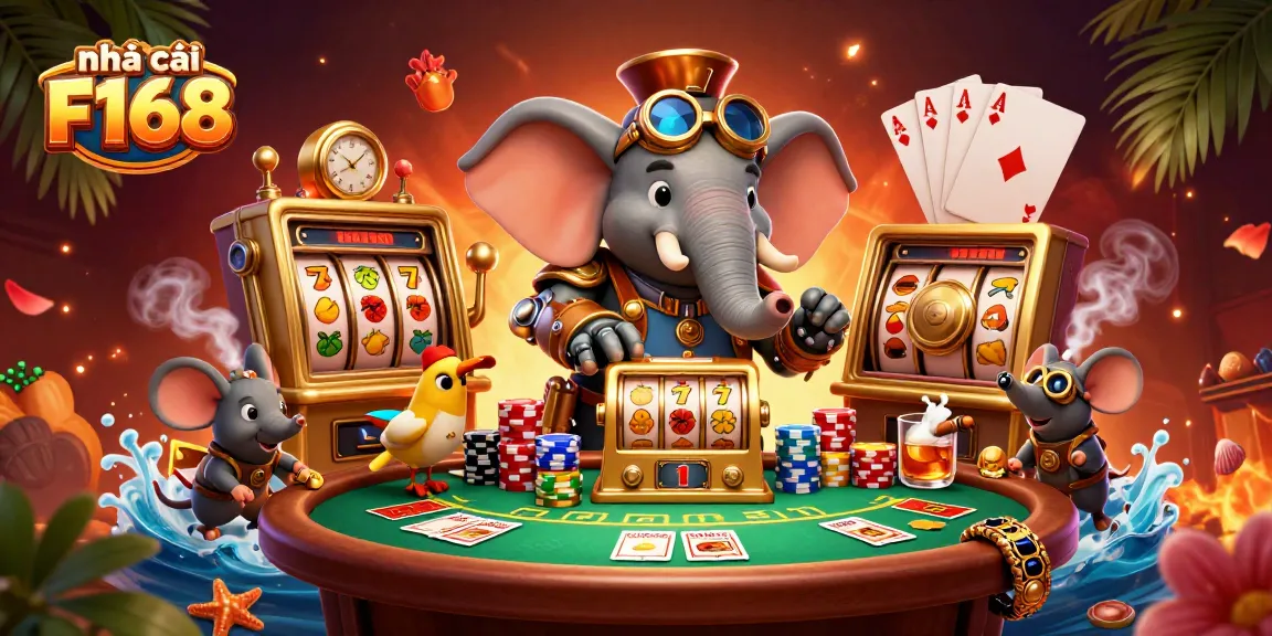 Engage with the vibrant world of nhà cái F168 featuring a steampunk elephant operating a golden slot machine amidst colorful game elements.
