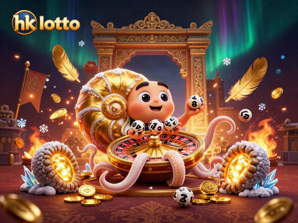 Engage in hk lotto excitement with a colorful 3D illustration featuring a giant roulette nautilus and golden luminous elements.