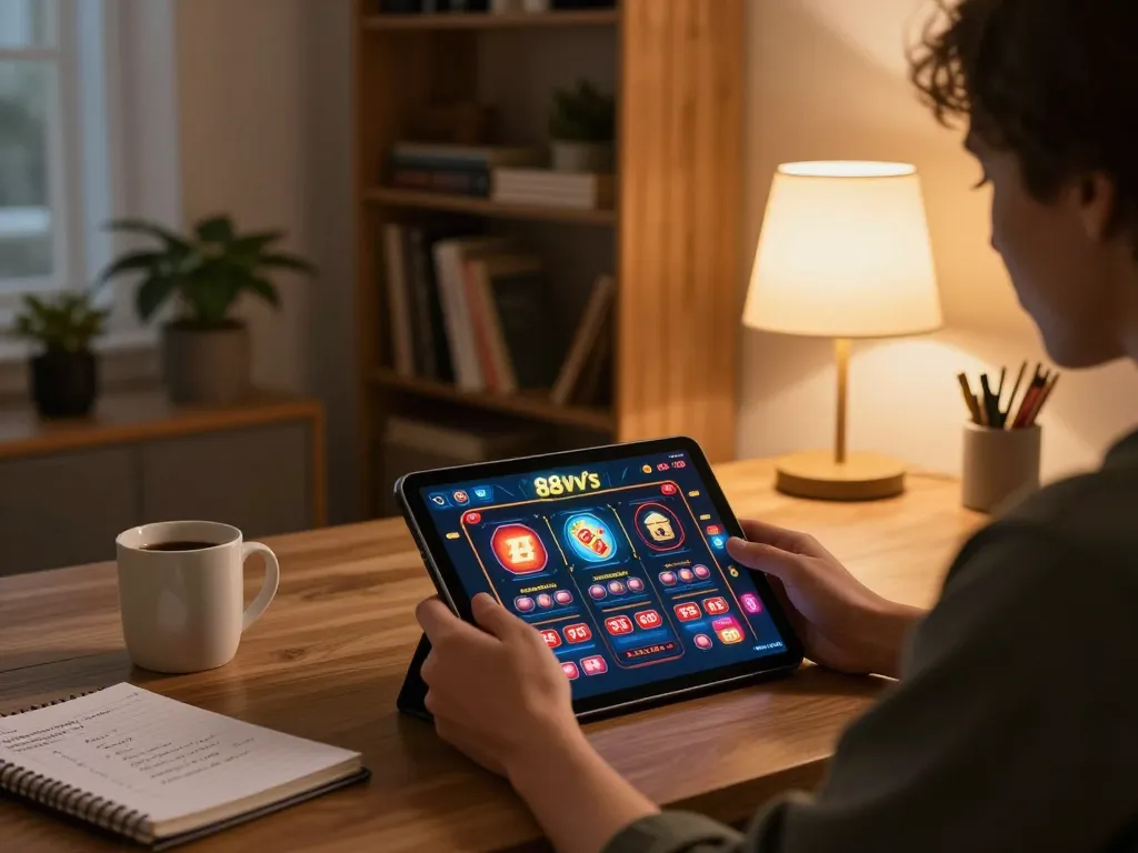 Playing casino games on 88vv tablet in a stylish home office.