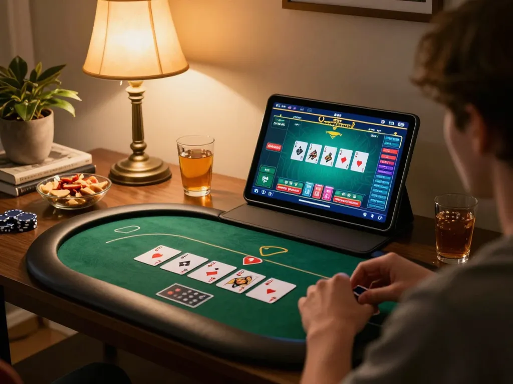 Engaging in online poker at Trang chủ QQ88 with cozy home setup and vibrant game interface