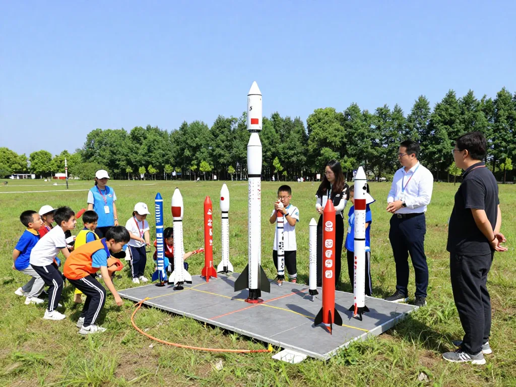 Excited students preparing model rockets for launch in a sunny outdoor classroom setting.