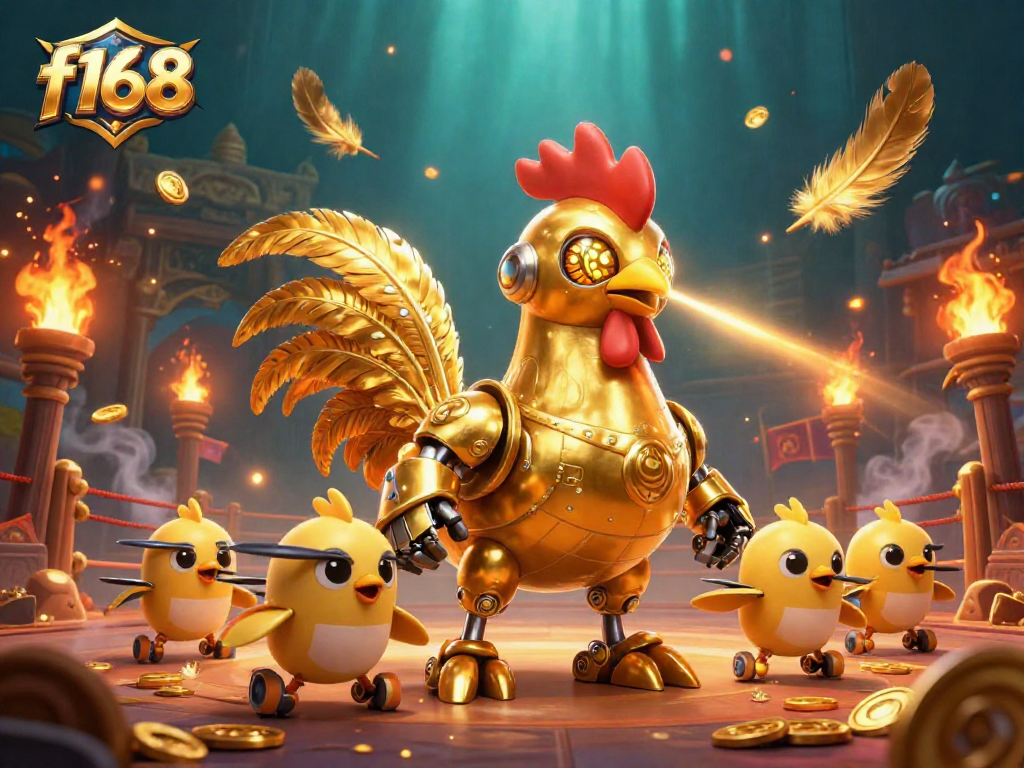 Engage in thrilling games at f168 with golden rooster robot and baby chick drones amidst vibrant casino elements.