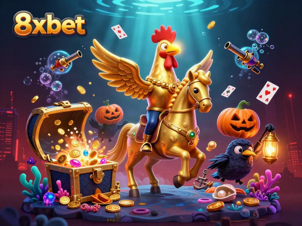 Explore the thrilling world of 8xbet with a golden rooster on a spectral horse in a lively casino.