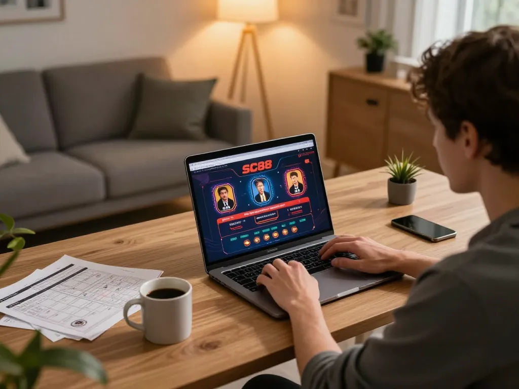 Player engaging in online casino strategies with SC88 platform from home.