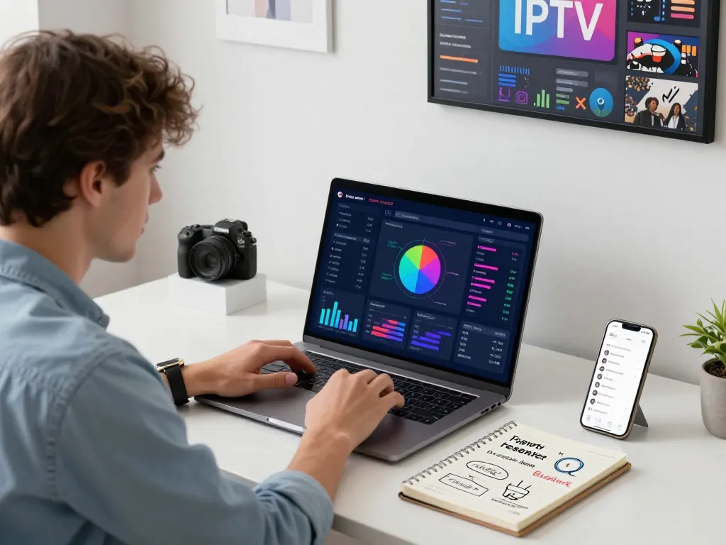 Sky Glass IPTV Reseller Panel with entrepreneur analyzing IPTV statistics and marketing strategies in a modern workspace.