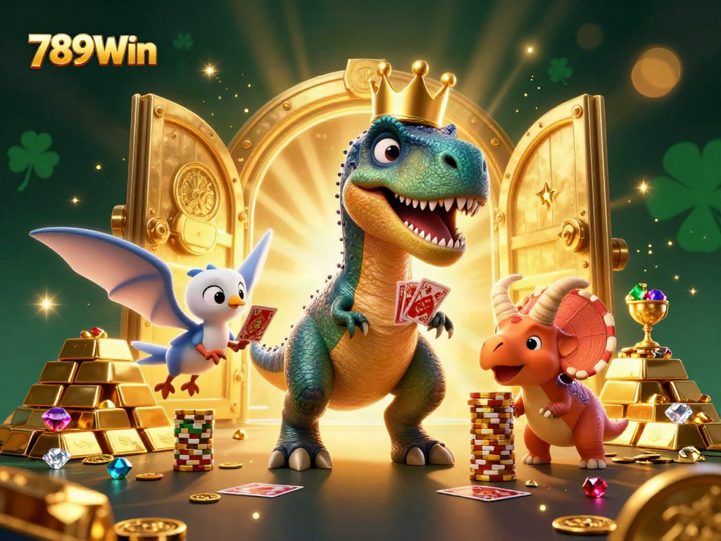 Get winning strategies with 789Win's dynamic casino scene featuring playful dinosaur characters.