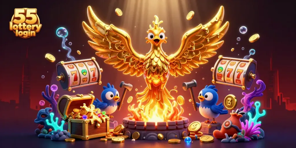 Experience winning excitement with 55 lottery login in a vibrant casino-themed illustration.
