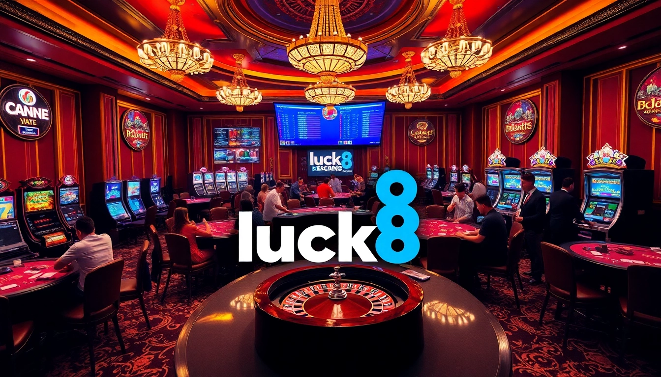 Luck8 casino scene featuring players at a roulette table and vibrant slot machines.