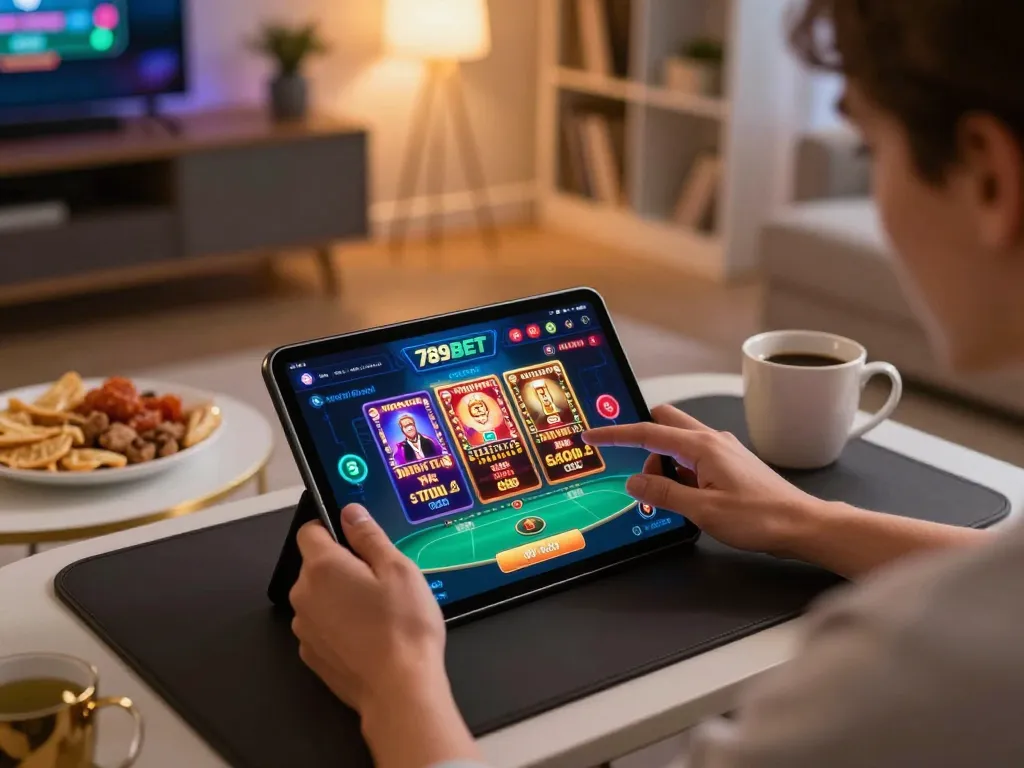 Player engaging with 789BET casino app on tablet, showcasing mobile gaming experience.