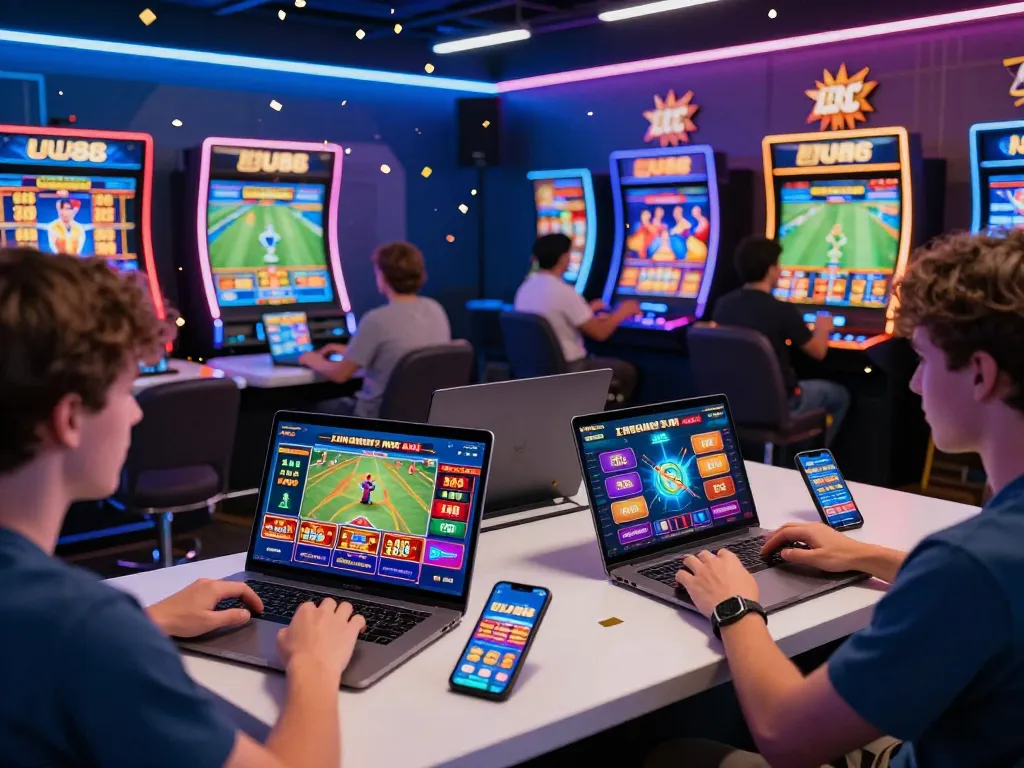 Interactive gaming scene at UU88, highlighting sports betting and live casino with users immersed in gameplay.