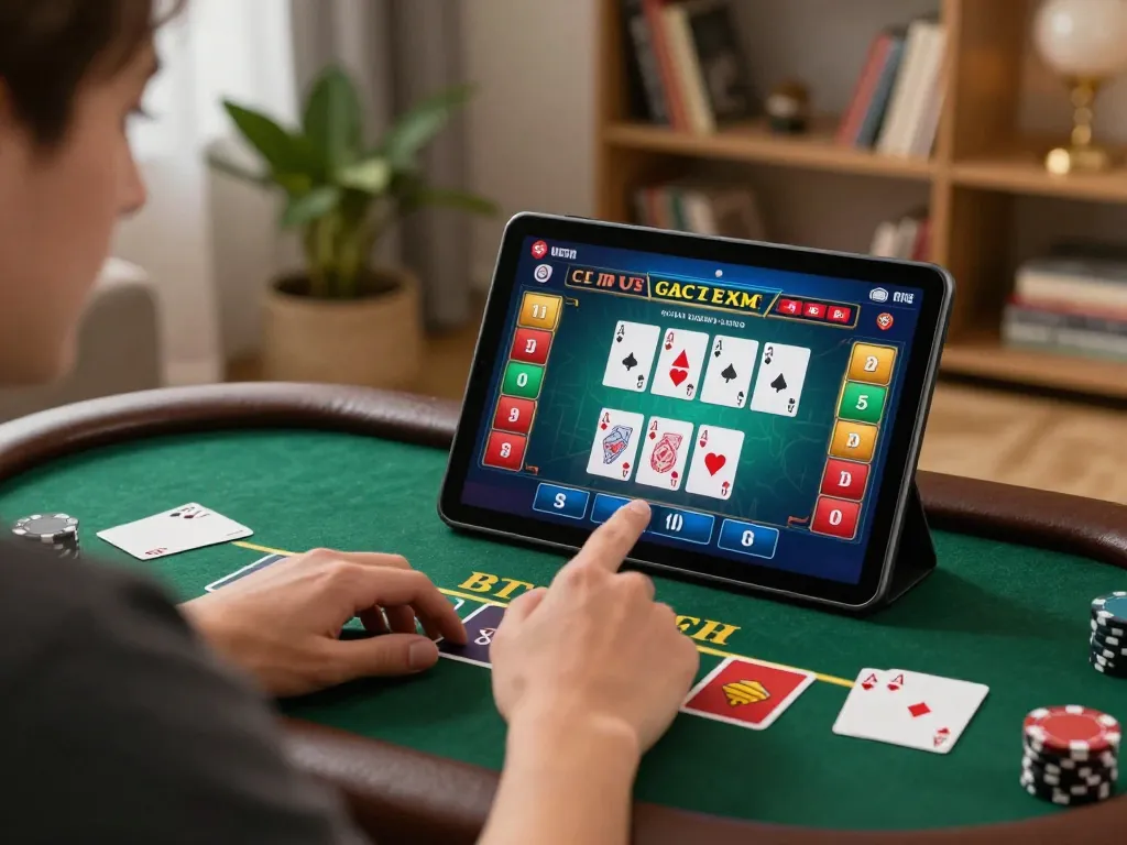 Engaged player using cm88 for live dealer blackjack on tablet in cozy home setting