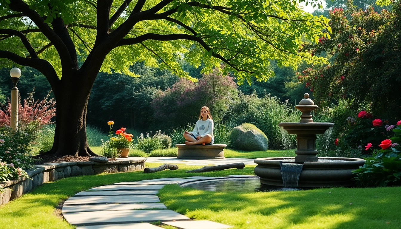 Enhance mental wellness in a serene meditation garden with a person practicing mindfulness.