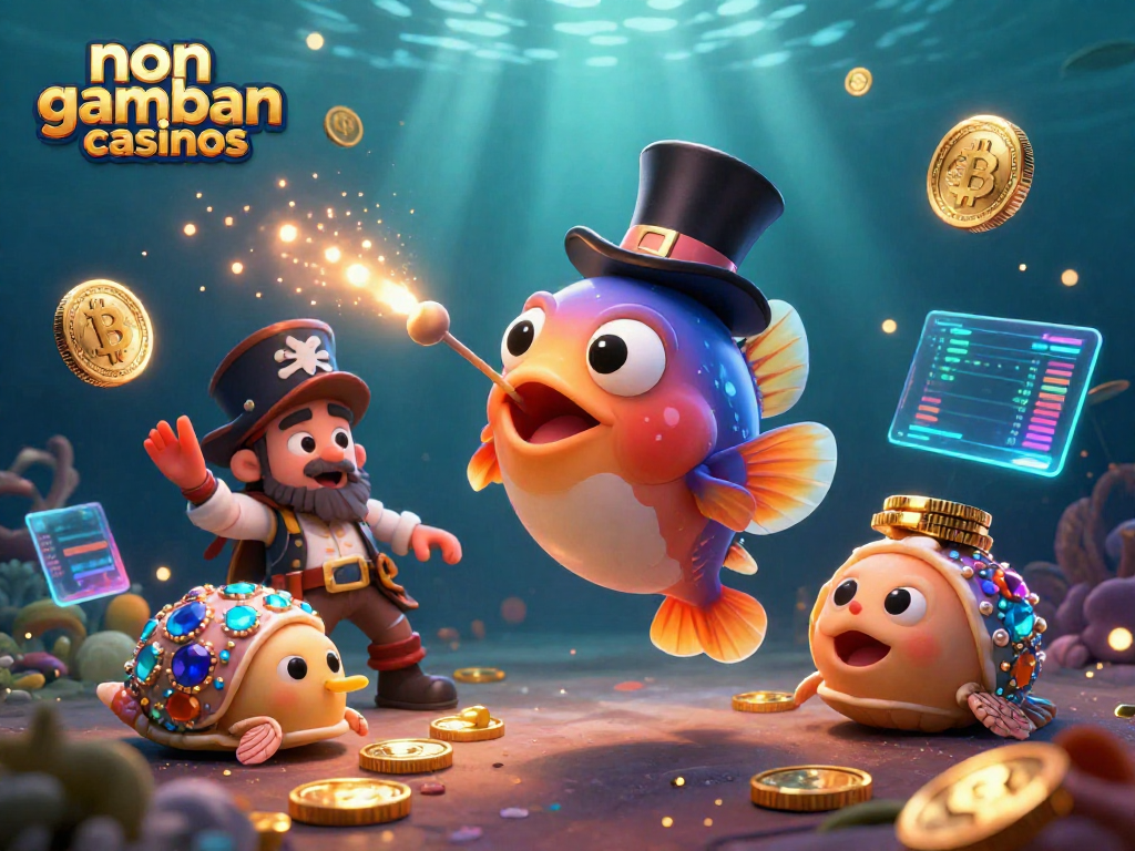 Engage with non gamban casinos through a vibrant underwater scene filled with treasure and crypto elements.