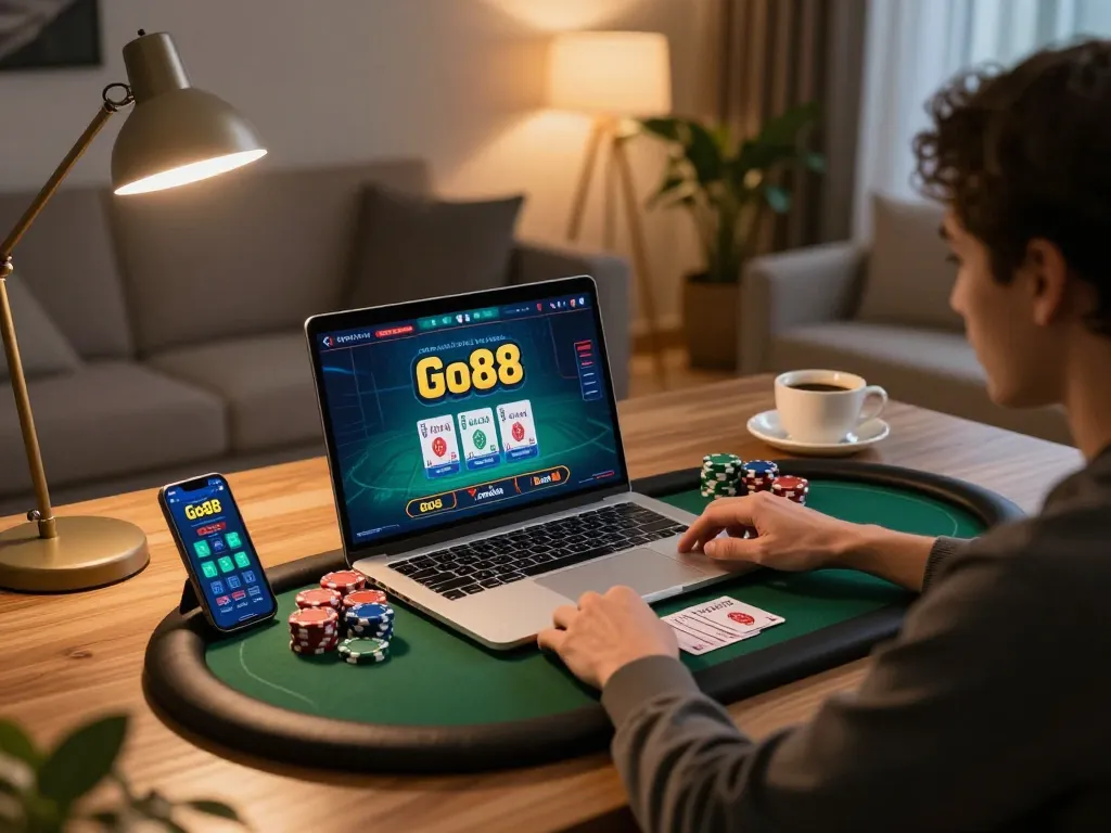 Engaging in a Go88 poker game during a cozy evening online gaming session.