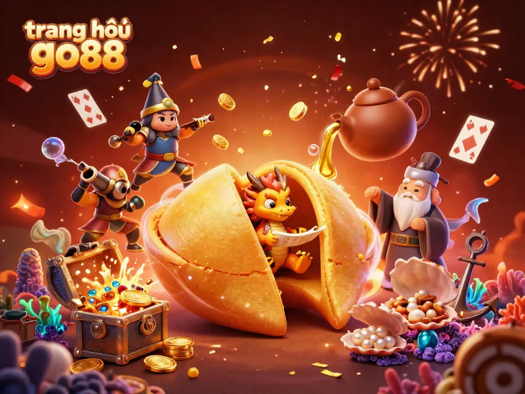 Experience the excitement of trang chủ go88 with a dynamic 3D illustration featuring a golden fortune cookie and vibrant casino elements.