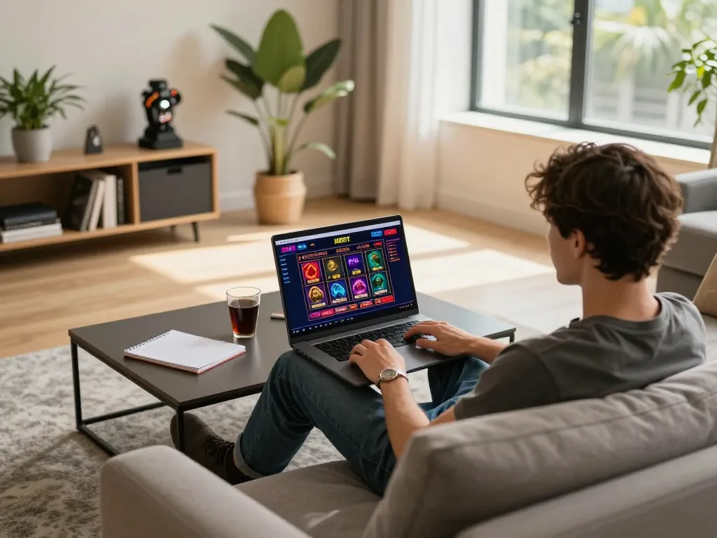 Player engaging with Hbet online casino on laptop in a cozy living room.