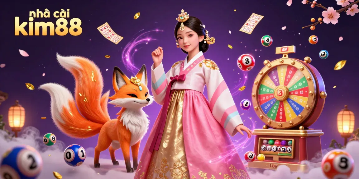 Engage in winning with nhà cái kim88, featuring vibrant lottery elements and a graceful Asian character.