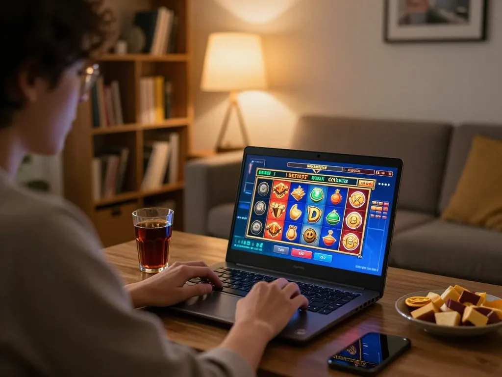 Pemain yang terlibat menjelajahi permainan raja slot di laptop di lingkungan rumah yang nyaman