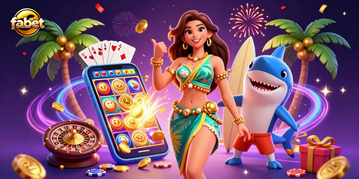Experience fabet’s thrilling gaming with a glamorous woman, a surfer shark, and vibrant casino elements!