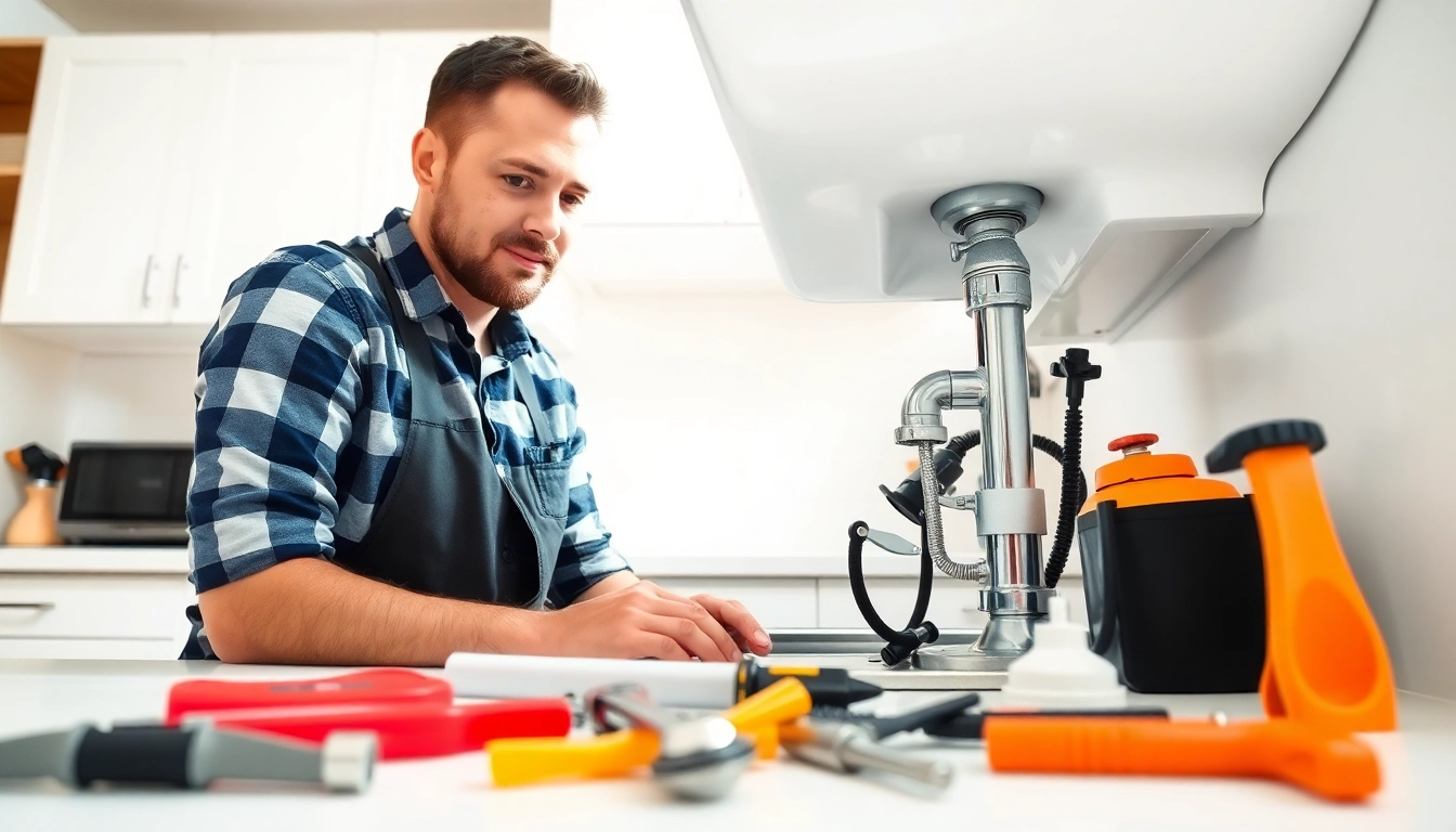 Plumber near me fixing a kitchen sink leak with professional tools and a focused expression.