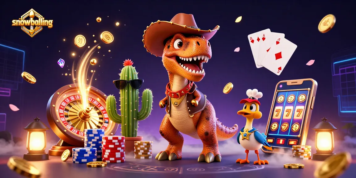 Engaging snowballing illustration with a T-Rex and casino elements showcasing vibrant gambling action.