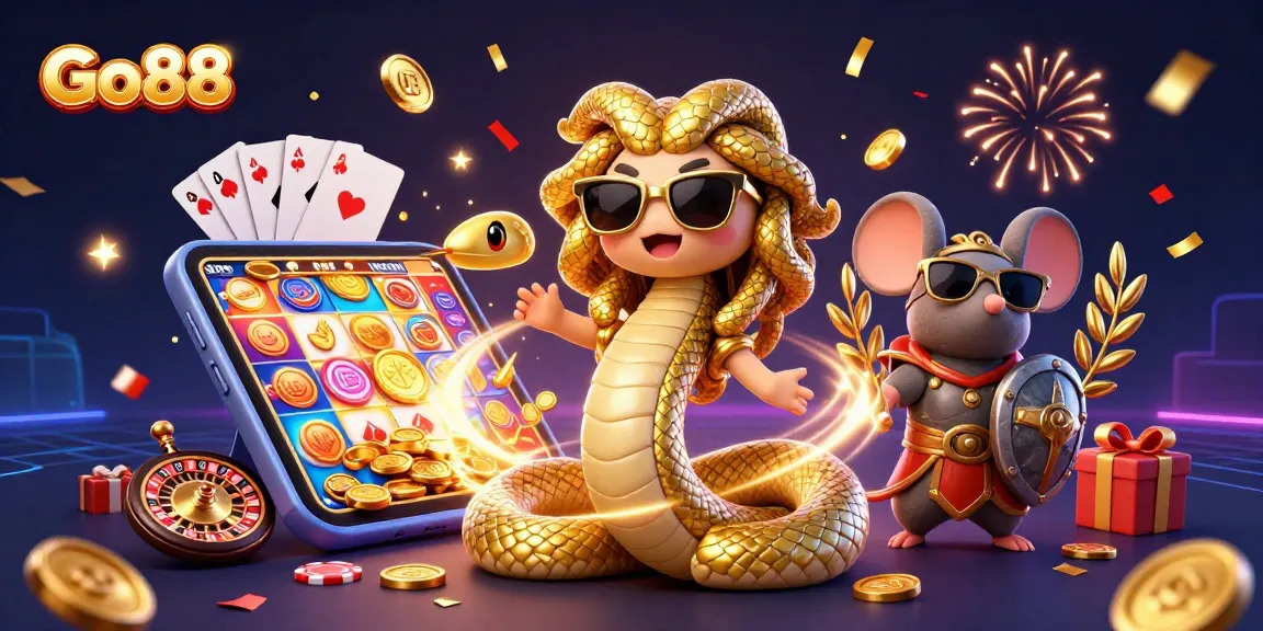 Experience exhilarating gaming fun with Go88, featuring playful characters and vibrant casino elements.