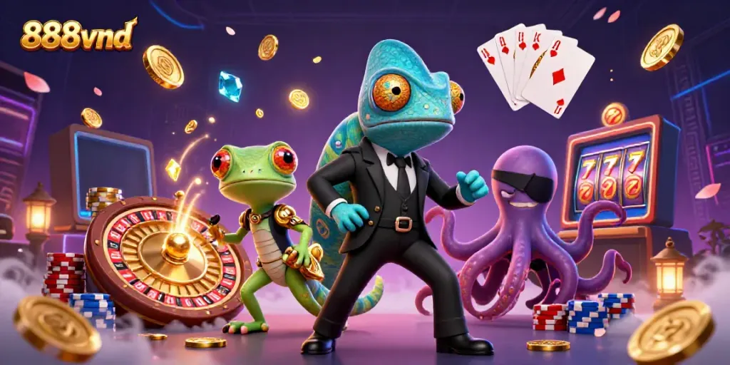 Experience the vibrant world of 888vnd with animated characters in a rich casino scene filled with golden coins and slot machines.
