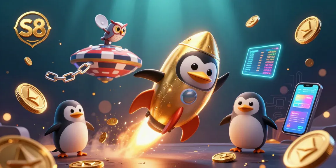 S8 engages in thrilling casino action with a golden penguin soaring toward a vibrant poker chip station.