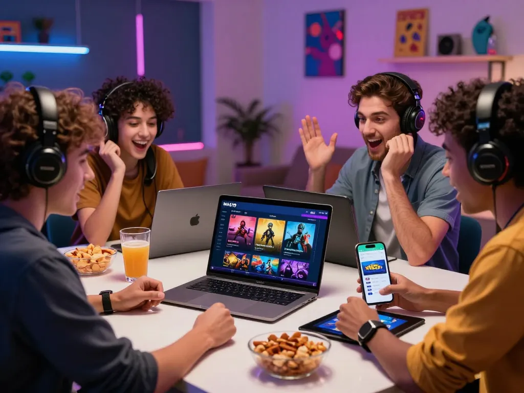 Group of friends engaging with the MAX79 online gaming platform, lively environment.