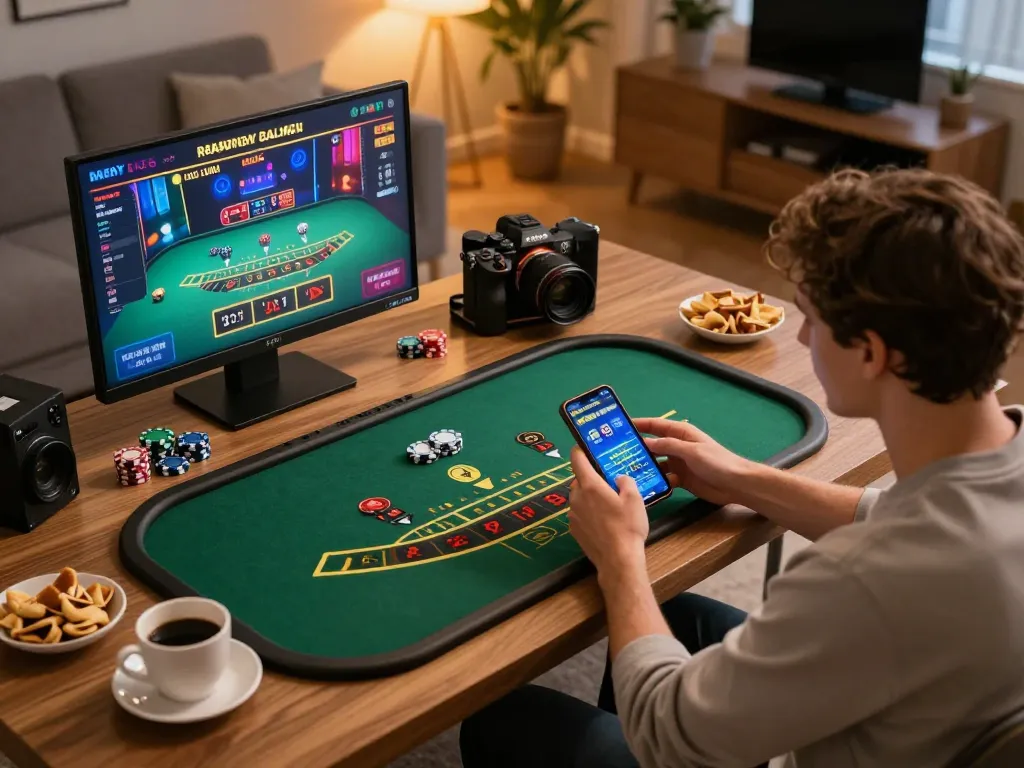 Engaged player using okwin mobile app for blackjack at home, creating a responsible gaming atmosphere.