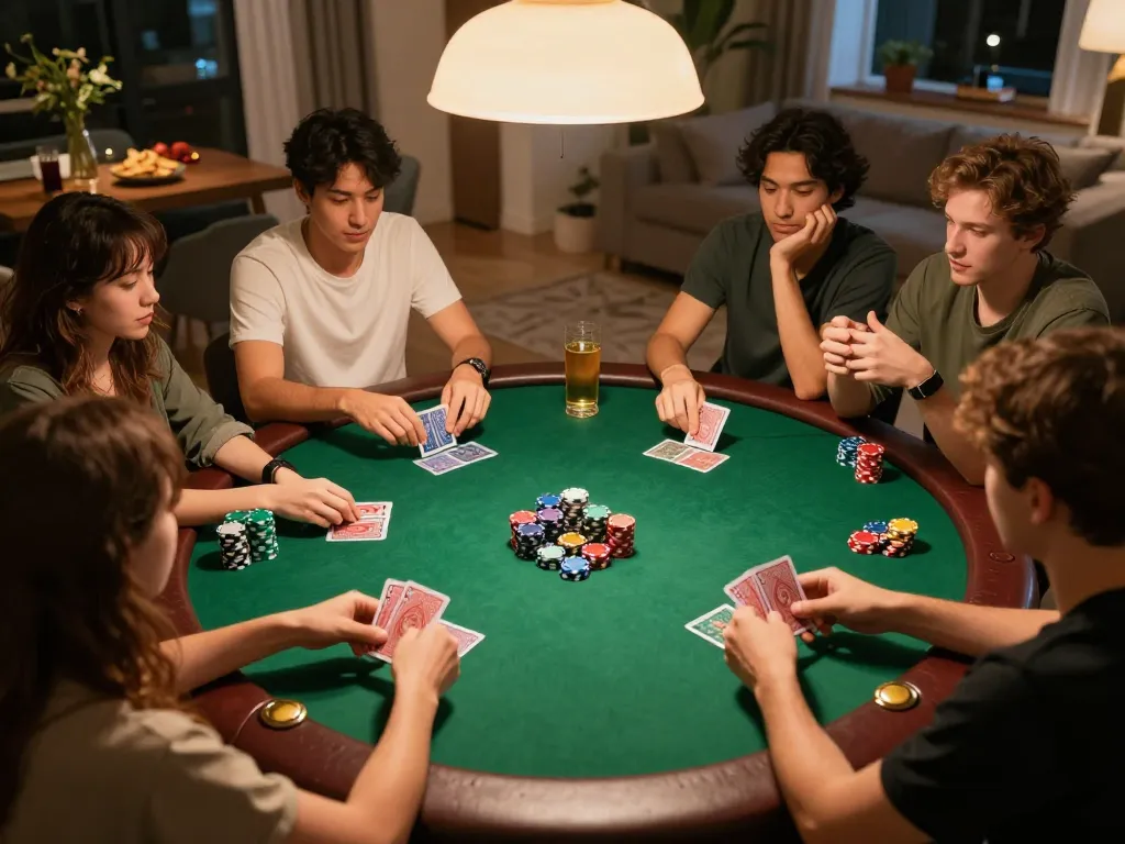 Friends enjoying poker night at home, featuring nhà cái go99 strategy in action with cards and chips