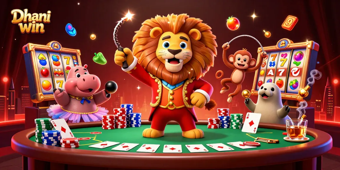 Dive into Dhani win's vibrant gaming scene featuring circus characters and rich poker elements.