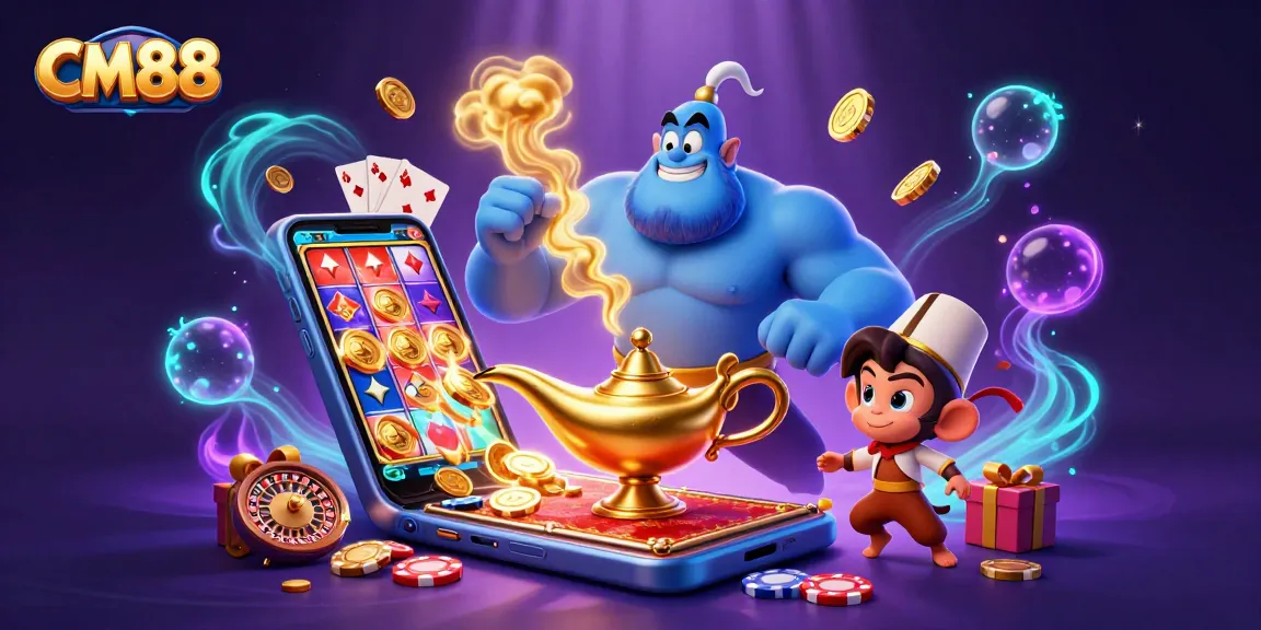 Experience CM88's exciting gaming world with a vibrant 3D casino scene of a genie and monkey.