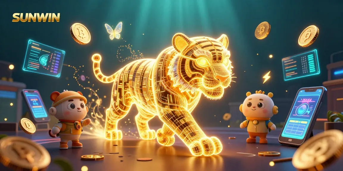 SUNWIN gaming adventure with a neon-wireframe tiger in a digital casino scene filled with cryptocurrency elements.