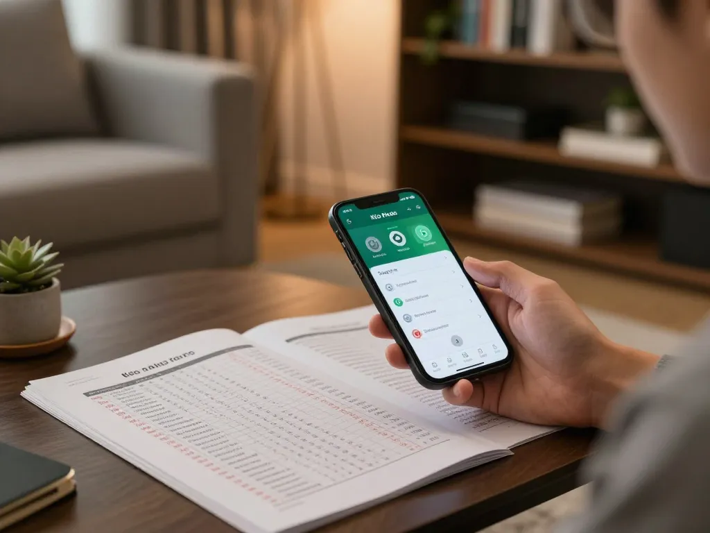 Kèo nhà cái displayed on a smartphone during a sports betting session at home.
