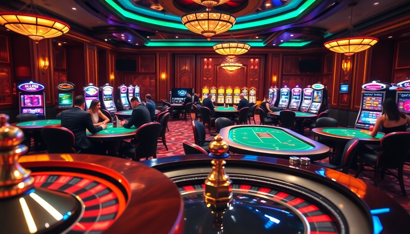 SCLUB88 players placing bets at dynamic casino tables in a vibrant setting.