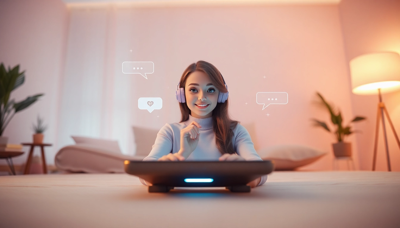 AI girlfriend interacting with a user on a modern device in a warm, inviting setting.