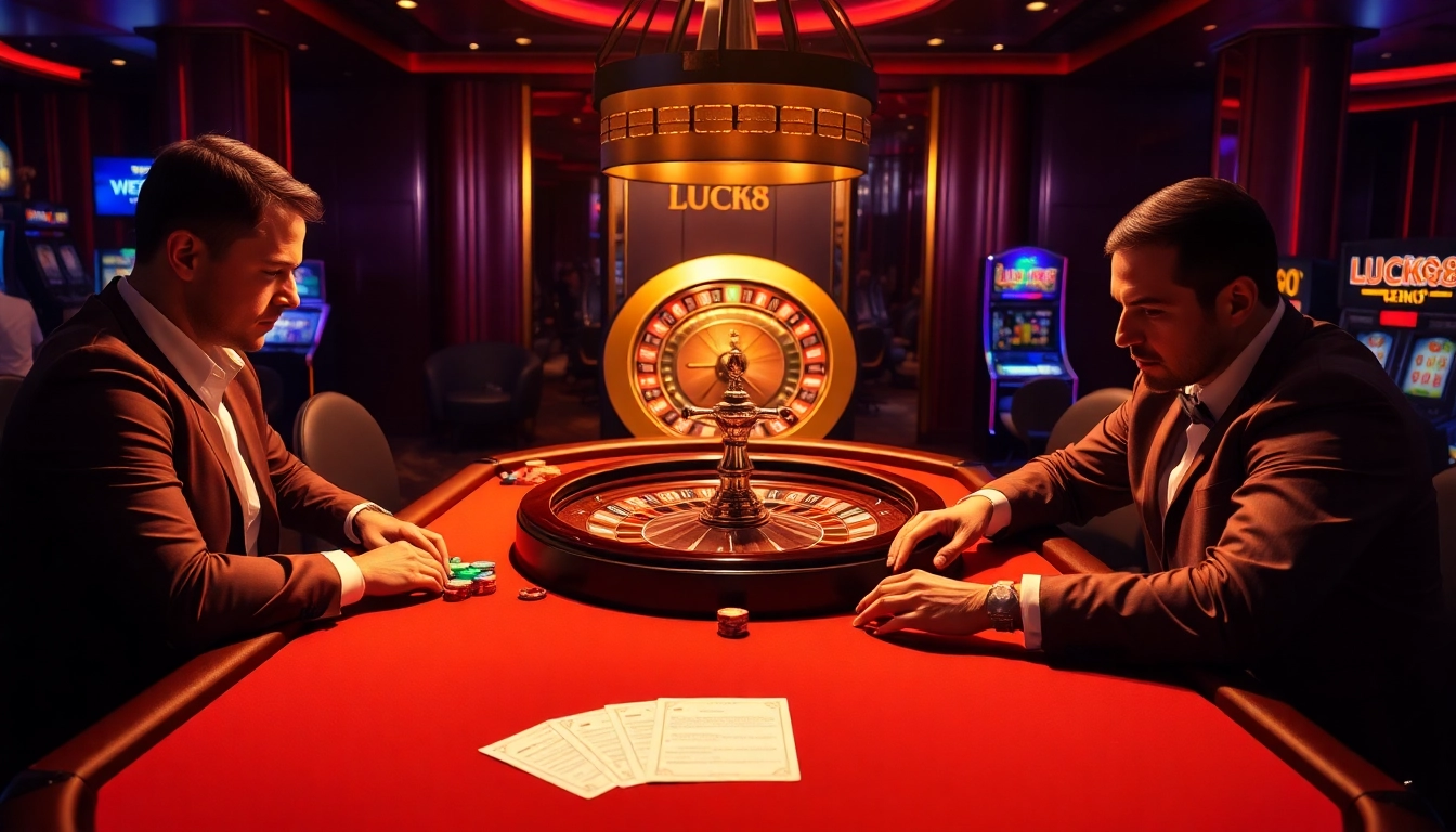 Experience excitement at LUCK8 casino with players engaged at a poker table and roulette wheel.