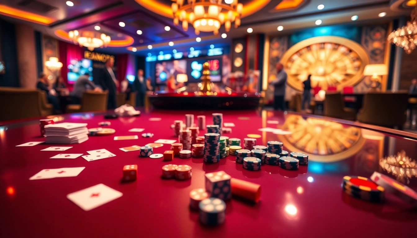 WinVN online gamblers enjoying a game with cards and chips in a vibrant casino setting.