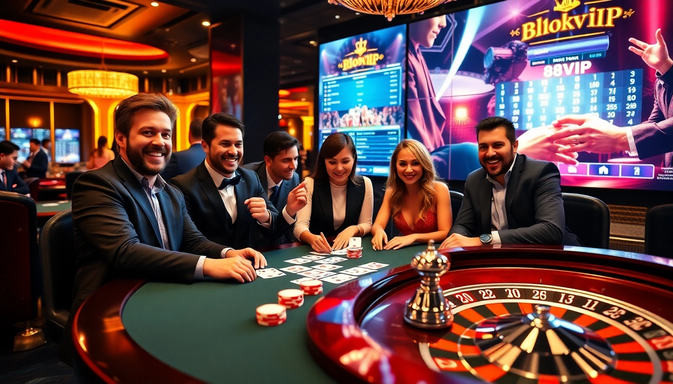 Excited gamblers enjoying poker at 68VIP's luxurious casino setting.
