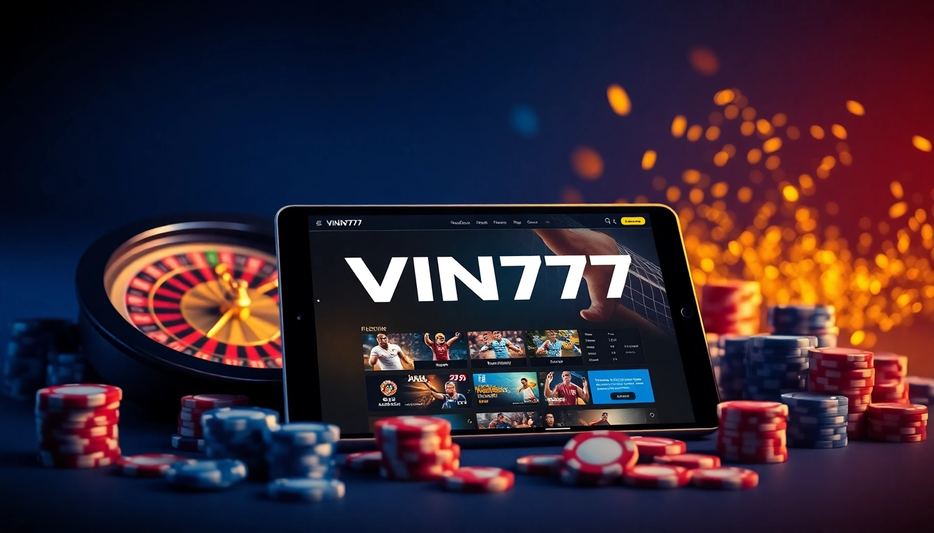 Promotional banner depicting vin777.gb.net with casino elements and a sleek design.