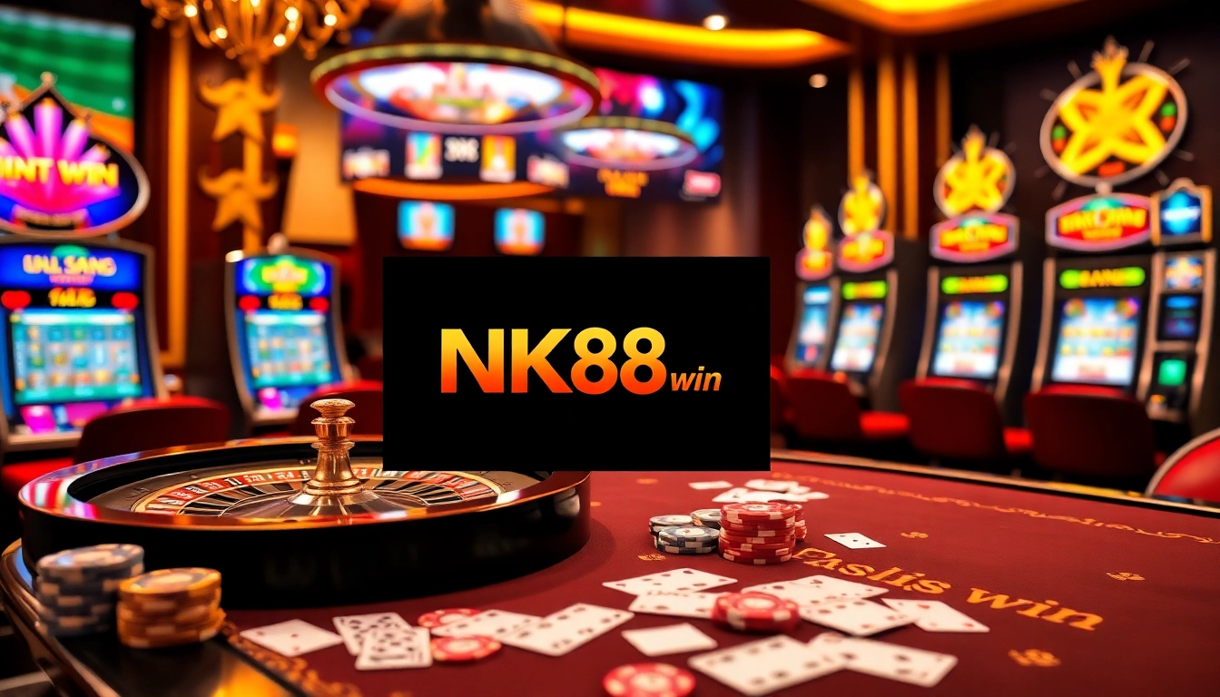 Experience NK88 win with thrilling casino gameplay featuring poker chips, cards, and a roulette wheel.